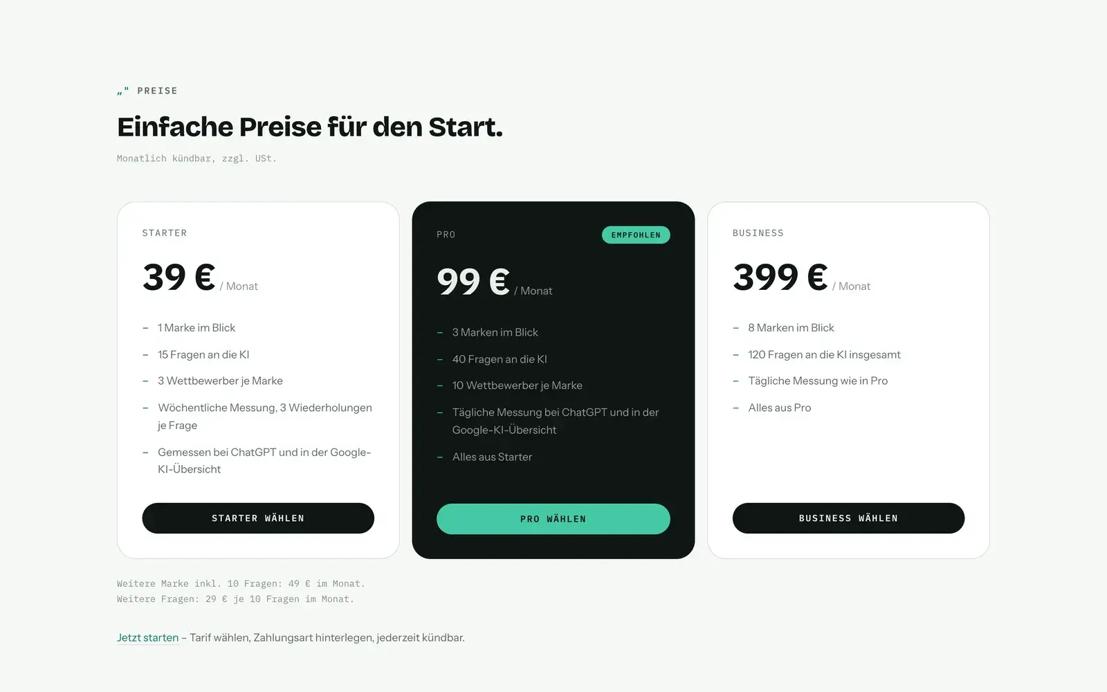 Preisbereich von citekit.de mit den Tarifen Starter, Pro und Business