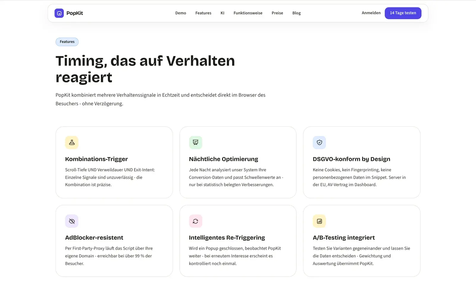 Feature-Bereich von popkit.de mit sechs Karten, darunter Kombinations-Trigger, Nächtliche Optimierung und A/B-Testing