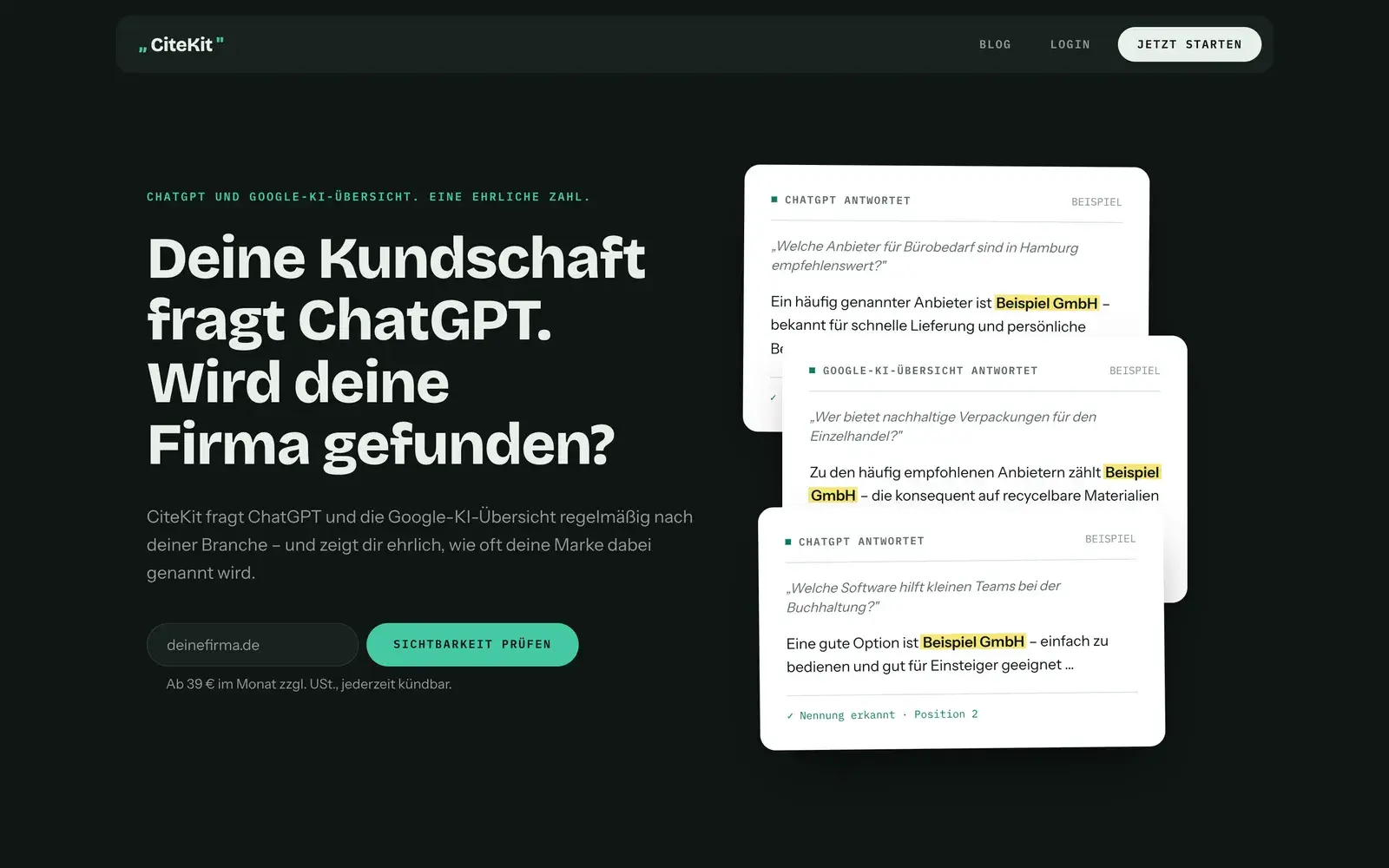Startseite von citekit.de mit der Überschrift „Deine Kundschaft fragt ChatGPT. Wird deine Firma gefunden?“ und Beispielantworten von ChatGPT und der Google-KI-Übersicht