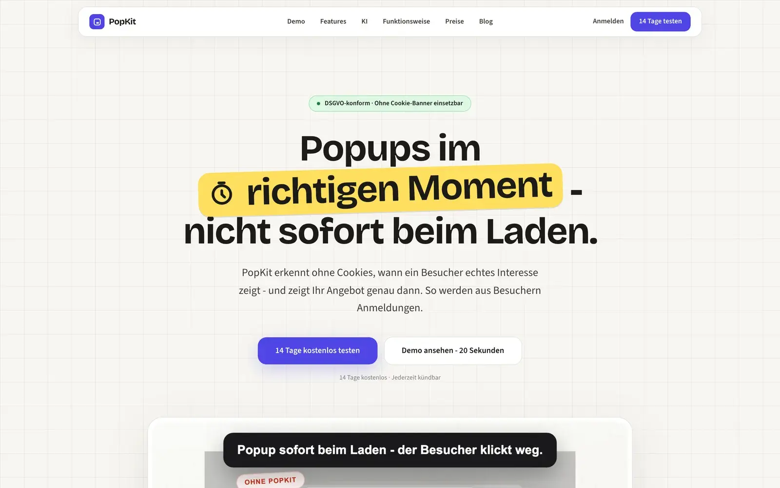 Startseite von popkit.de mit der Überschrift „Popups im richtigen Moment – nicht sofort beim Laden.“