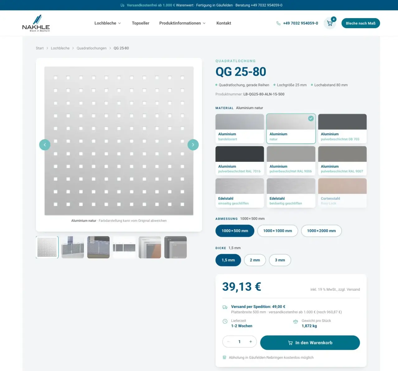 Produktseite im Shop für Nakhle: Materialauswahl als Farbkarten, Abmessung und Dicke als Buttons, Preis mit Versandkosten per Spedition