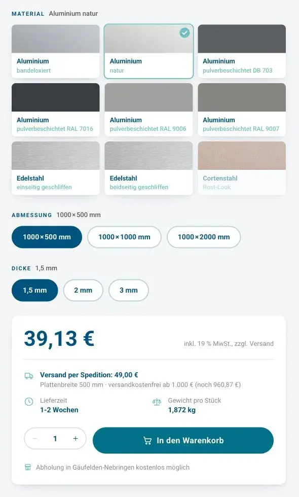 Variantenauswahl mit Materialkarten, Abmessung, Dicke, Preis, Versandkosten und Gewicht