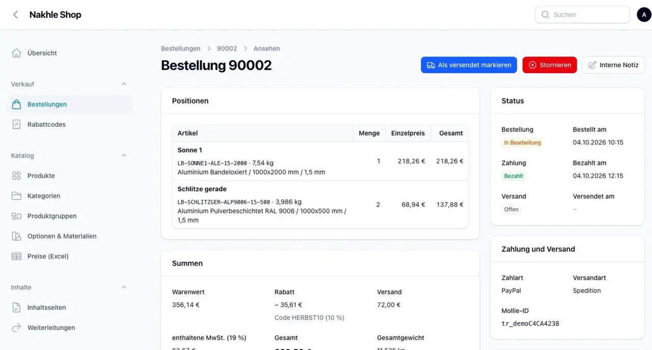 Bestellansicht in der Verwaltung mit Positionen, Summen, Rabattcode und Status