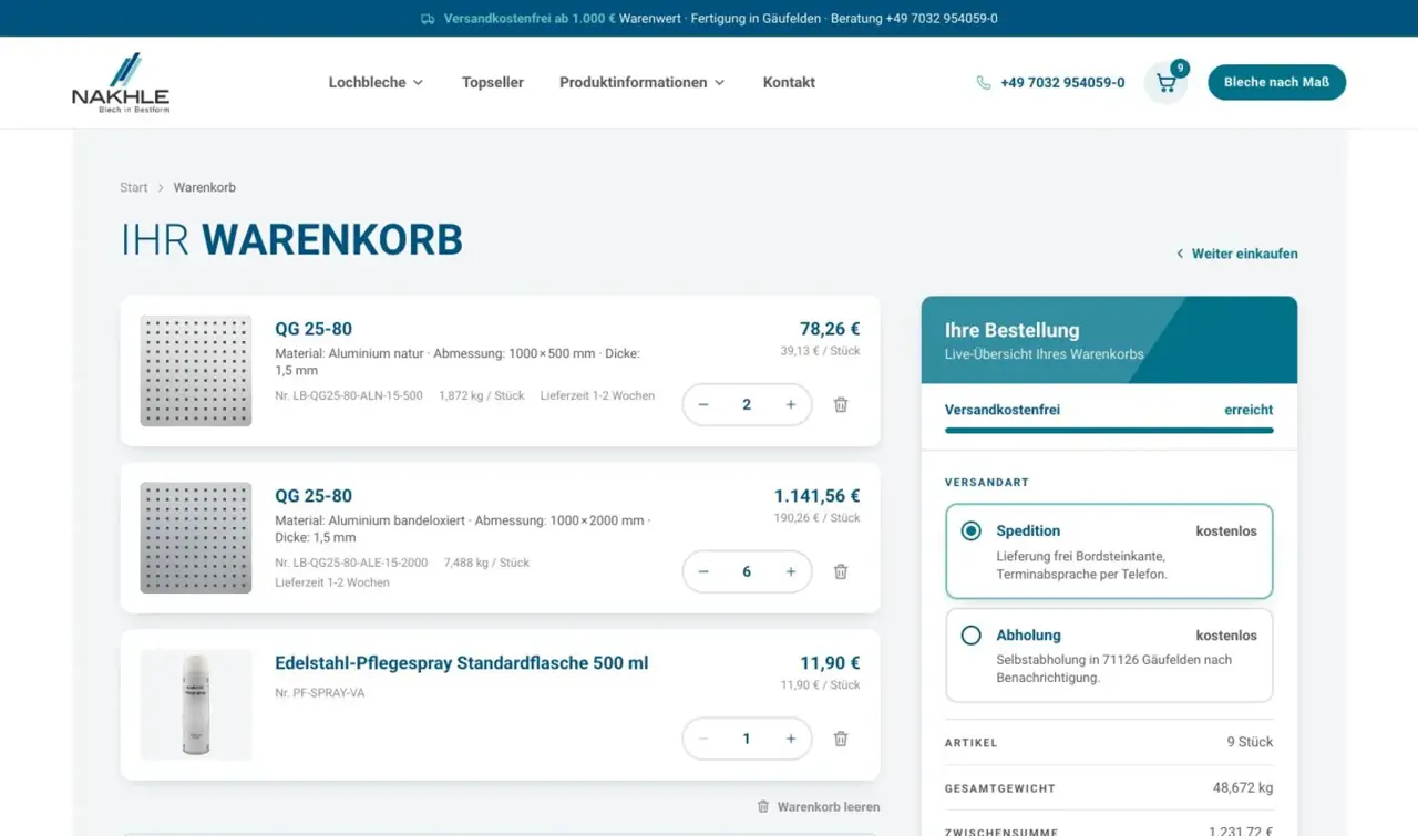 Warenkorb mit Fortschritt bis zur Versandkostenfreiheit, Auswahl Spedition oder Abholung und Gesamtgewicht