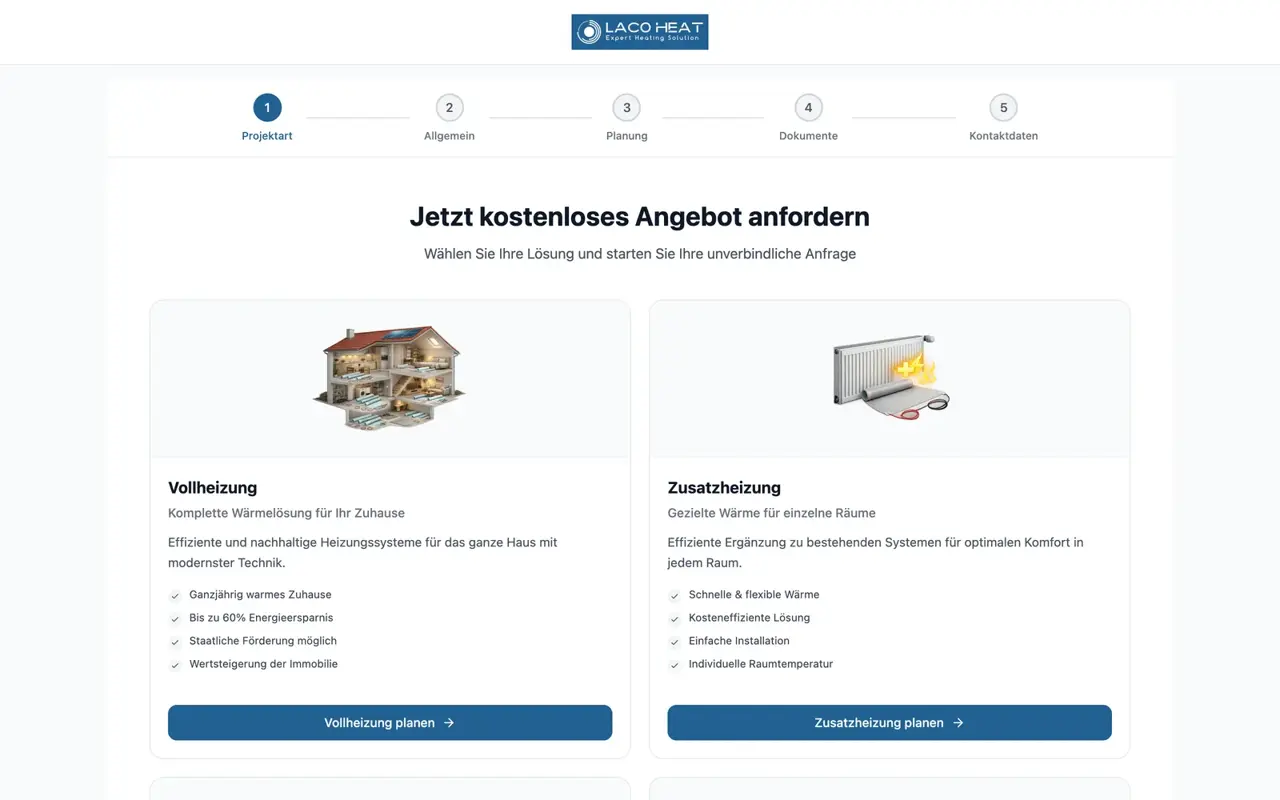 Erster Schritt des Raum-Klimaplaners mit der Auswahl zwischen Vollheizung und Zusatzheizung