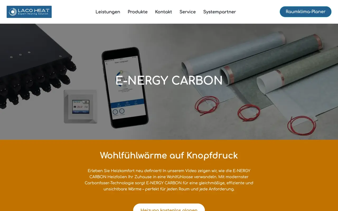 Produktseite E-NERGY CARBON mit Heizfolien, Thermostat und App im Hero
