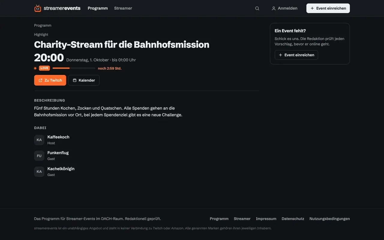 Event-Seite eines Charity-Streams mit Testdaten: „Live“-Badge, Startzeit, Restzeit, Beschreibung, beteiligte Streamer mit Rolle und die Buttons „Zu Twitch“ und „Kalender“