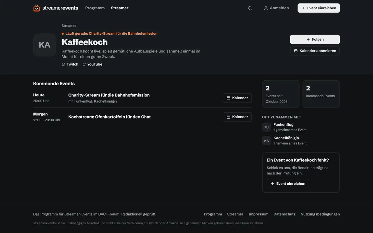 Streamer-Profil mit Testdaten: Hinweis „Läuft gerade“, kommende Events, „Oft zusammen mit“ und die Buttons „Folgen“ und „Kalender abonnieren“