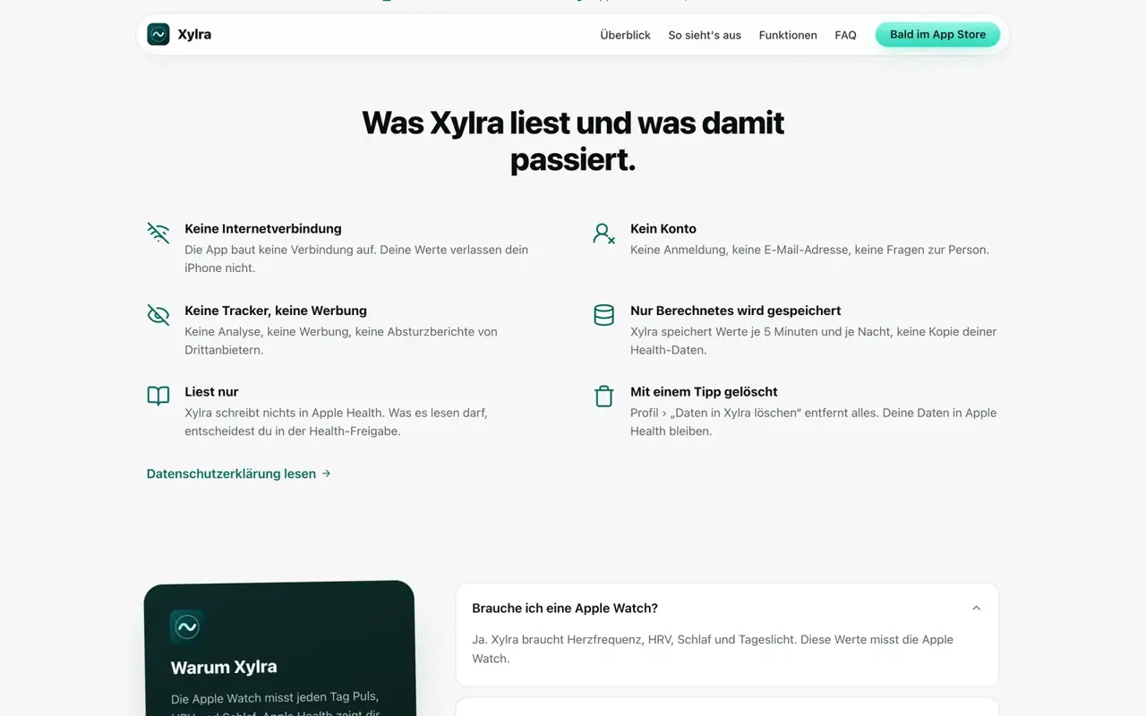 Abschnitt „Was Xylra liest und was damit passiert.“ mit sechs Punkten, darunter „Keine Internetverbindung“, „Kein Konto“ und „Nur Berechnetes wird gespeichert“