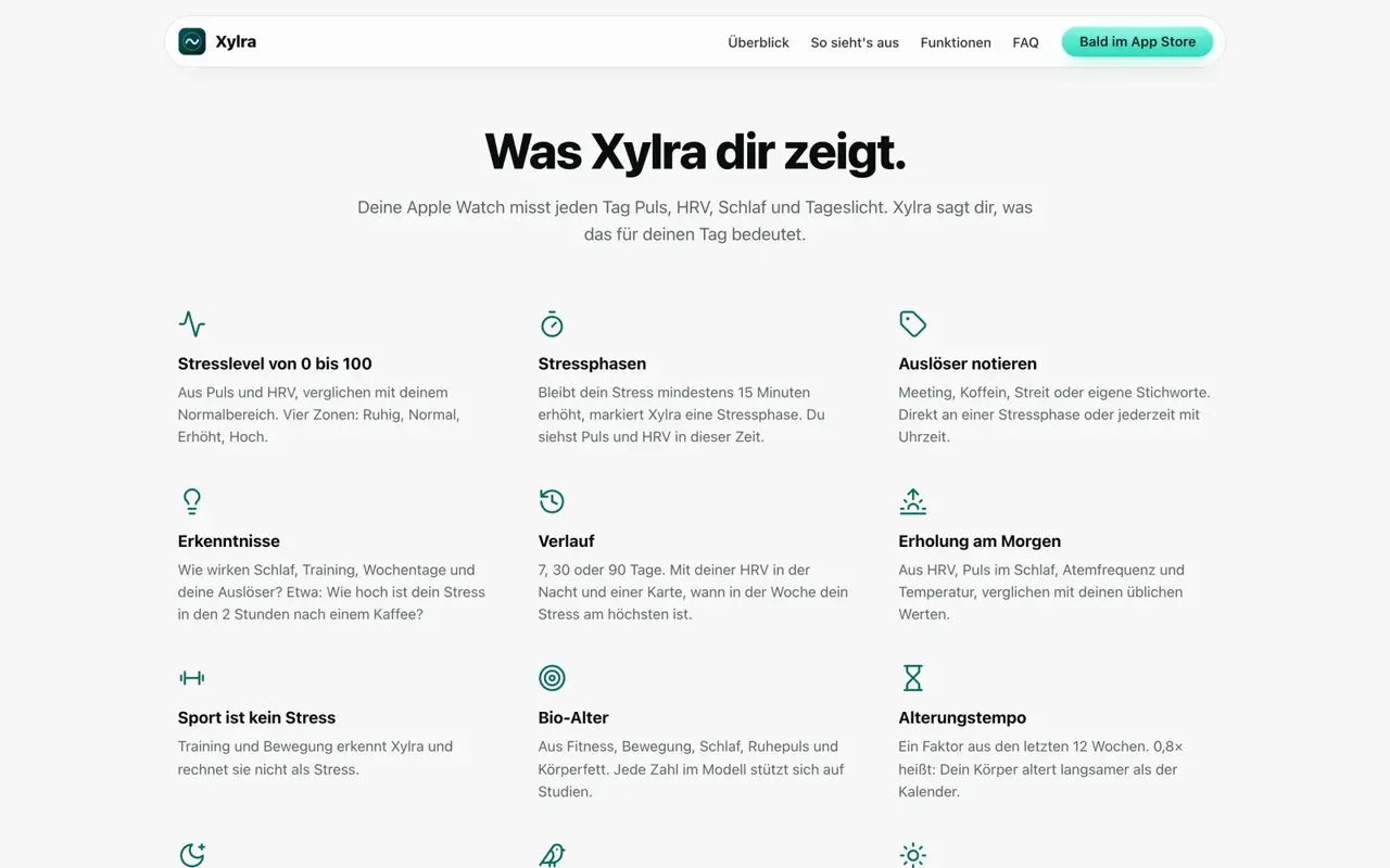 Abschnitt „Was Xylra dir zeigt.“ mit Karten zu Stresslevel, Stressphasen, Auslösern, Erkenntnissen, Verlauf, Erholung, Sport, Bio-Alter und Alterungstempo