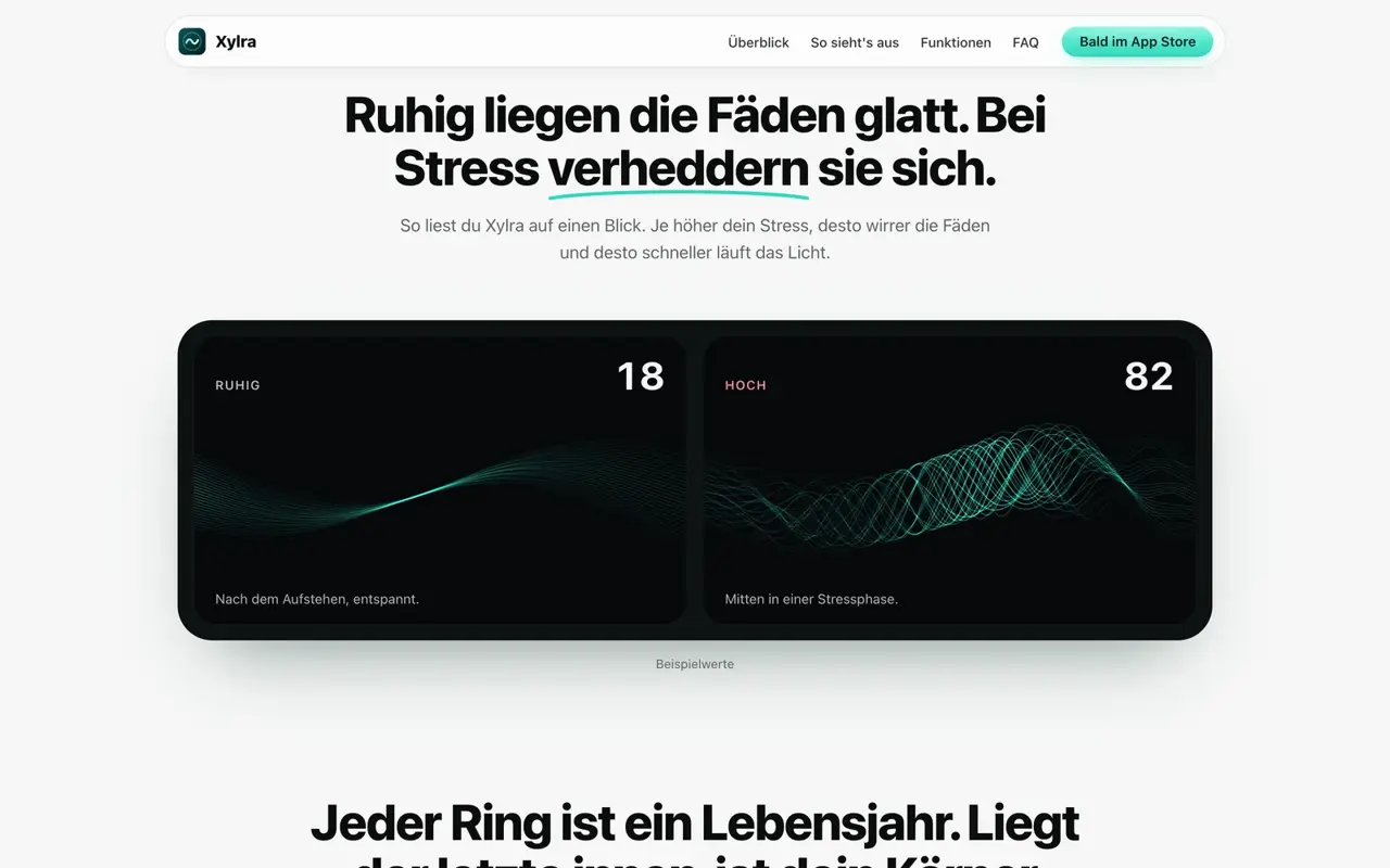 Abschnitt „Ruhig liegen die Fäden glatt. Bei Stress verheddern sie sich.“ mit zwei Karten: Stresswert 18 mit glatten Lichtfäden und Stresswert 82 mit verhedderten Fäden
