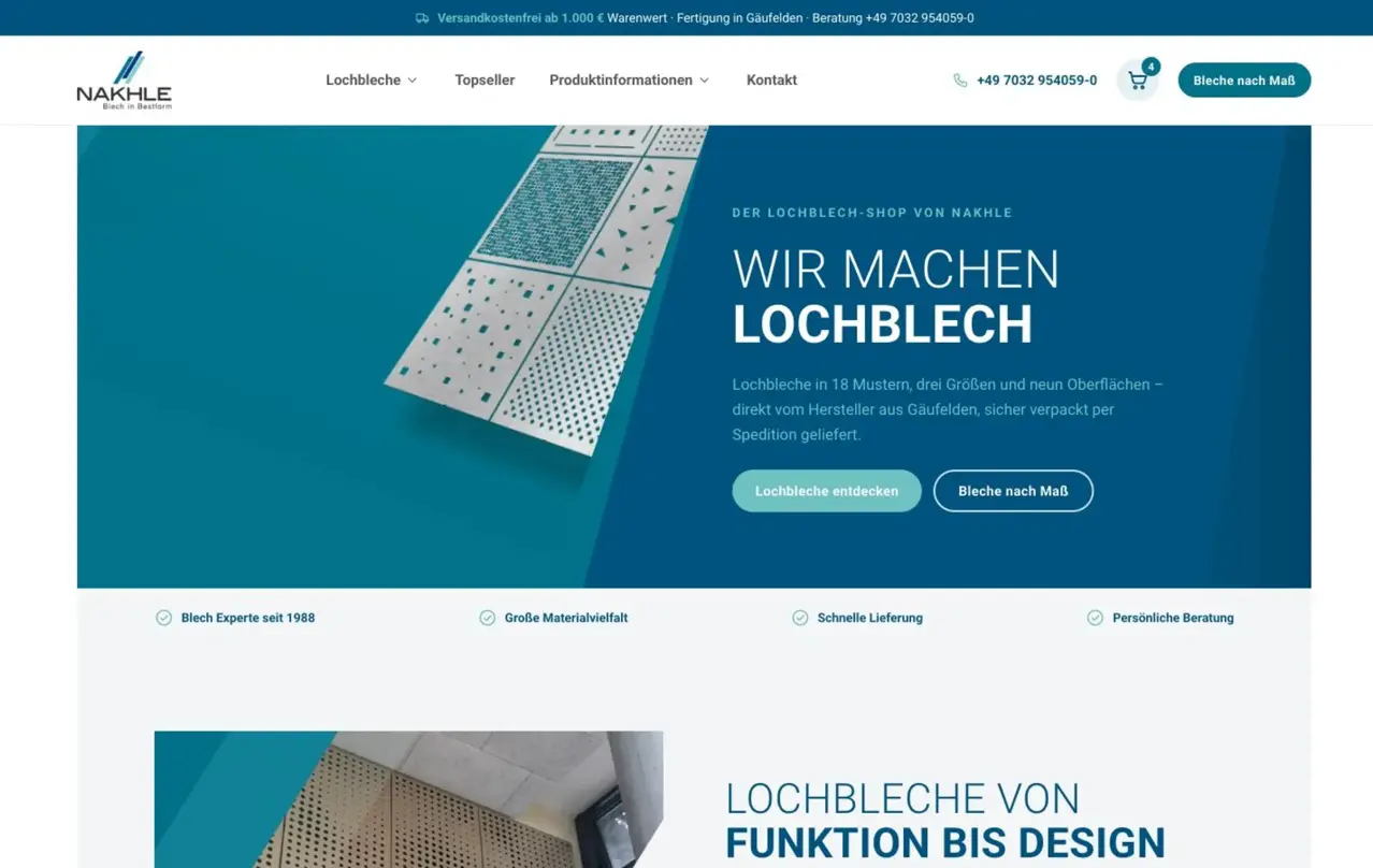 Startseite des Shops für Nakhle in Navy und Petrol mit schräg angeschnittenem Hero