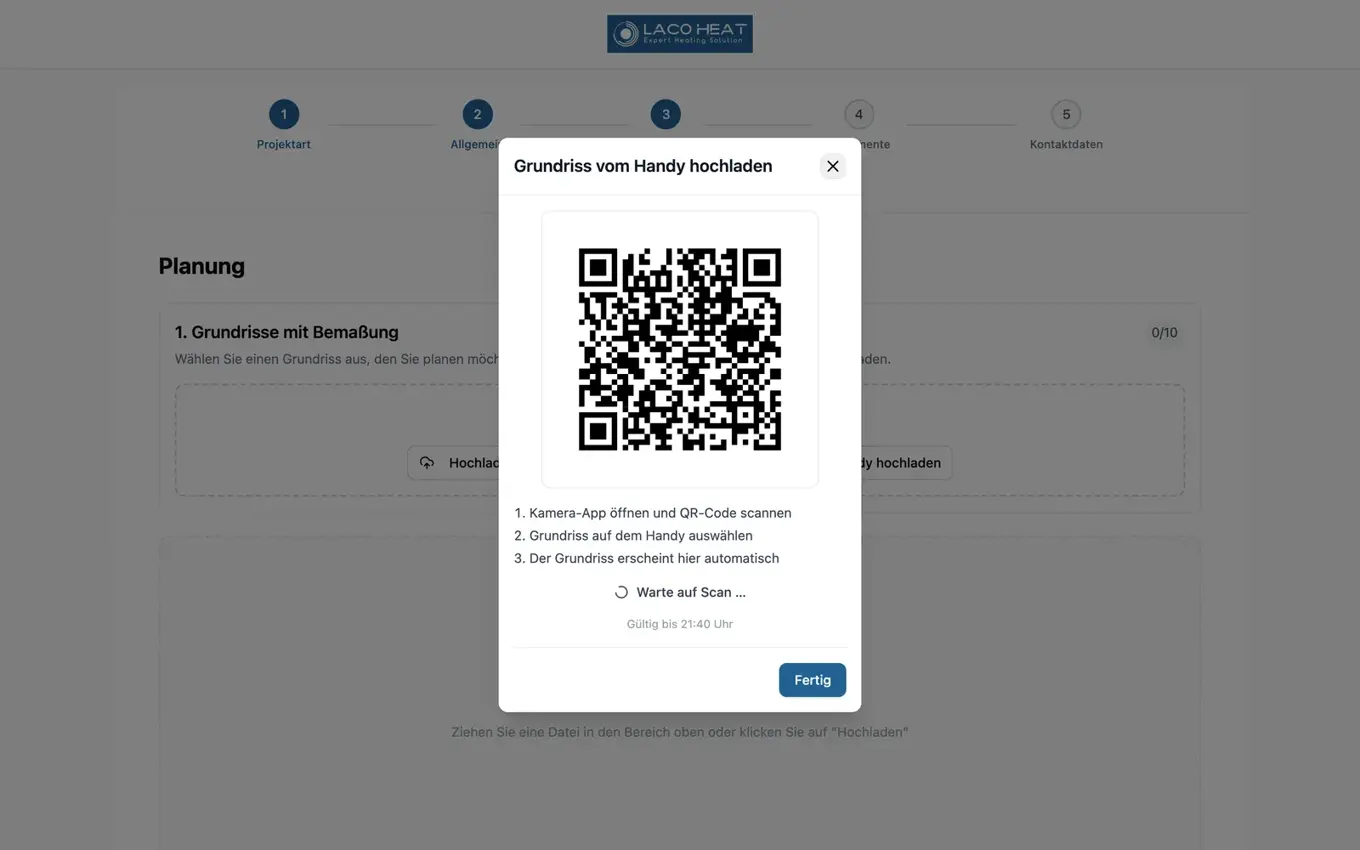 Dialog „Grundriss vom Handy hochladen“ mit QR-Code und drei Schritten zum Scannen