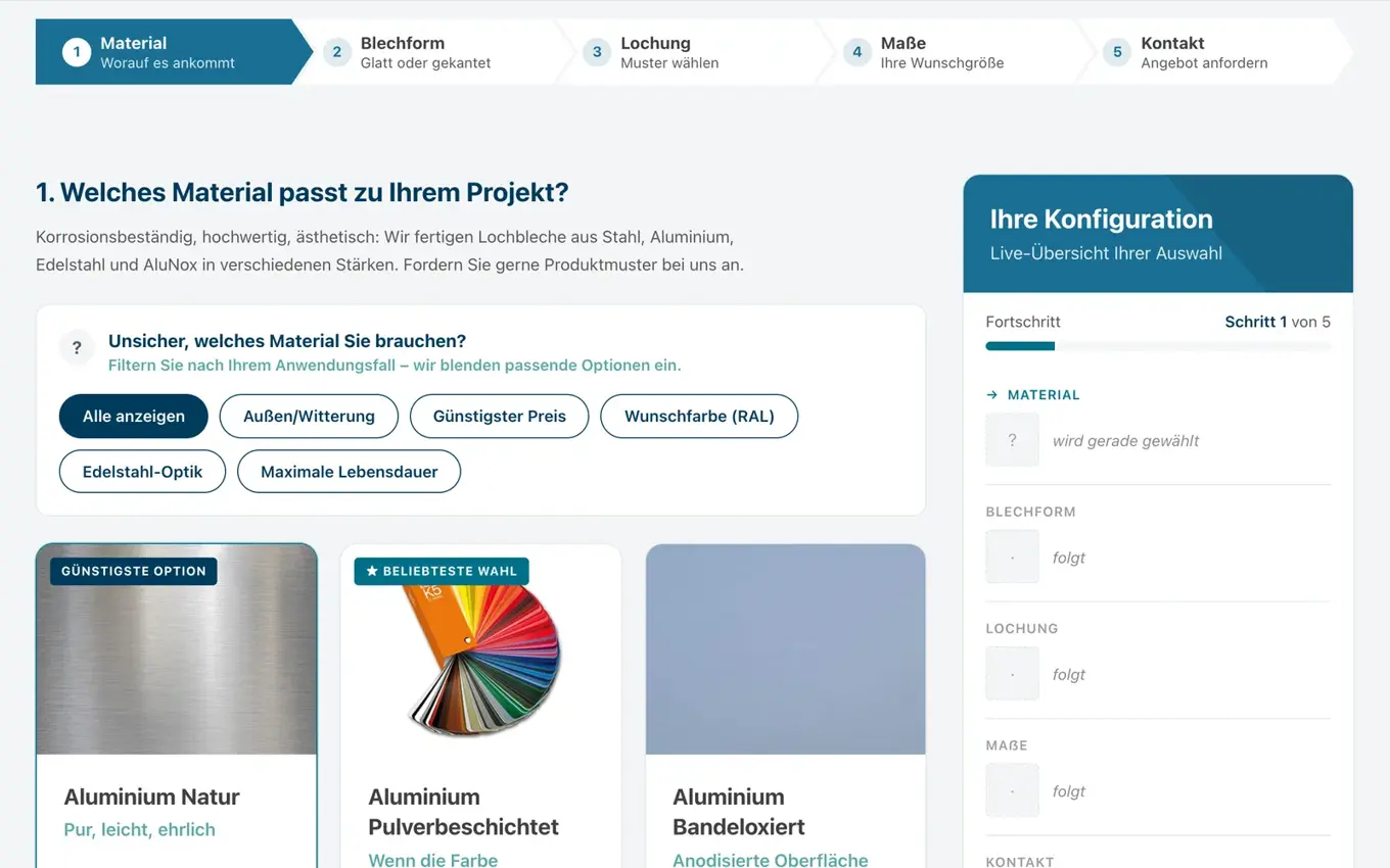 Konfigurator-Schritt Material mit Filtern nach Anwendungsfall und Karten für Aluminium Natur, Aluminium Pulverbeschichtet und Aluminium Bandeloxiert, rechts die noch leere Live-Übersicht