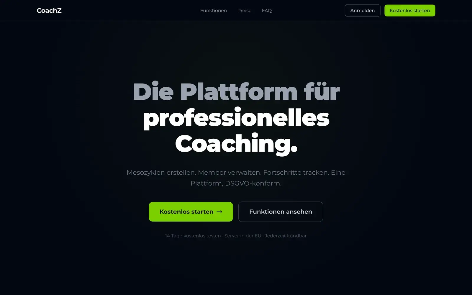 Startseite von coachz.de mit der Überschrift „Die Plattform für professionelles Coaching“ und den Buttons „Kostenlos starten“ und „Funktionen ansehen“