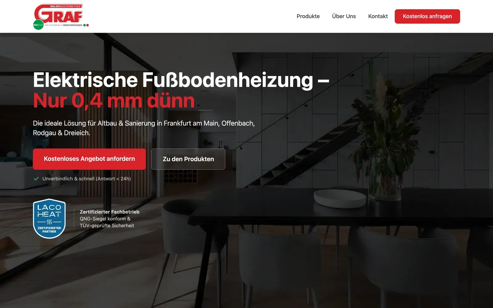 Startseite von graf-waermekomfort.de mit der Überschrift „Elektrische Fußbodenheizung – Nur 0,4 mm dünn“ und den Orten Frankfurt am Main, Offenbach, Rodgau und Dreieich