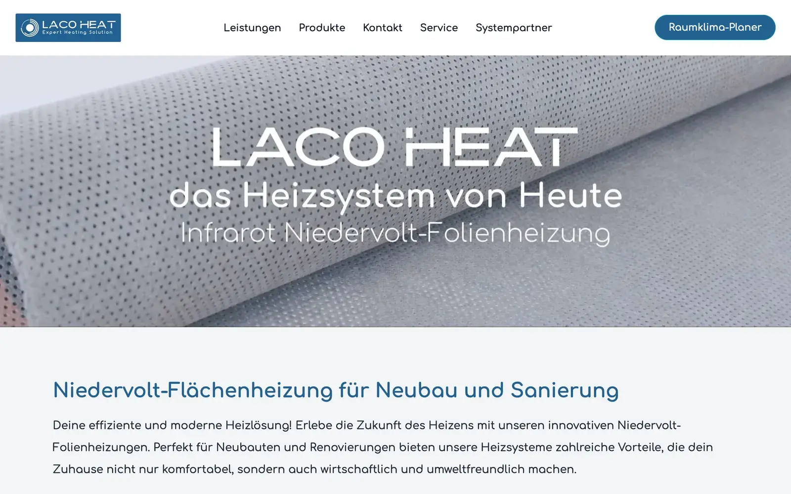Startseite von laco-heat.de mit Heizfolie im Hero, Navigation und Button „Raumklima-Planer“