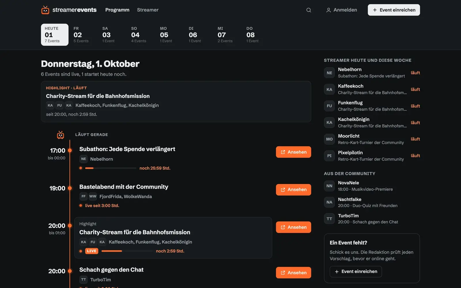 Programm-Startseite von streamerevents.de mit Testdaten: Datumsleiste, hervorgehobener Charity-Stream, Zeitleiste „Läuft gerade“ mit „Live“-Badge, Fortschrittsbalken und Restzeit sowie die Seitenleiste „Streamer heute und diese Woche“