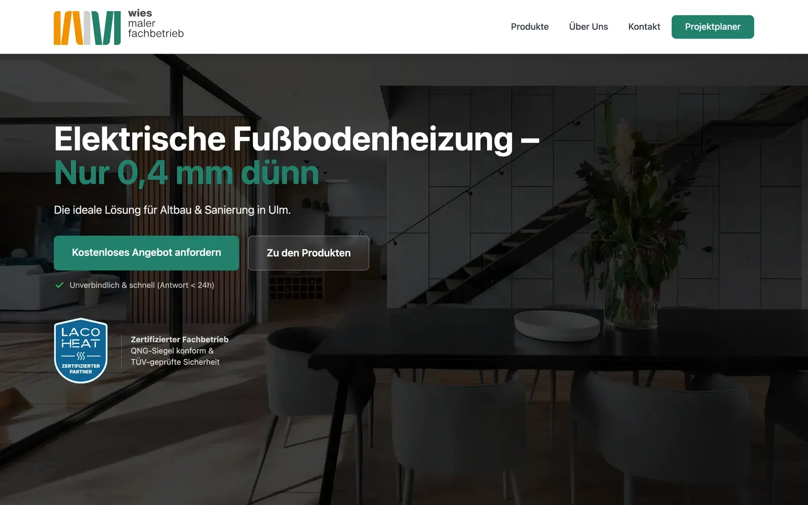 Startseite von wies-heizung.de mit der Überschrift „Elektrische Fußbodenheizung – Nur 0,4 mm dünn“ und Laco-Heat-Partnersiegel