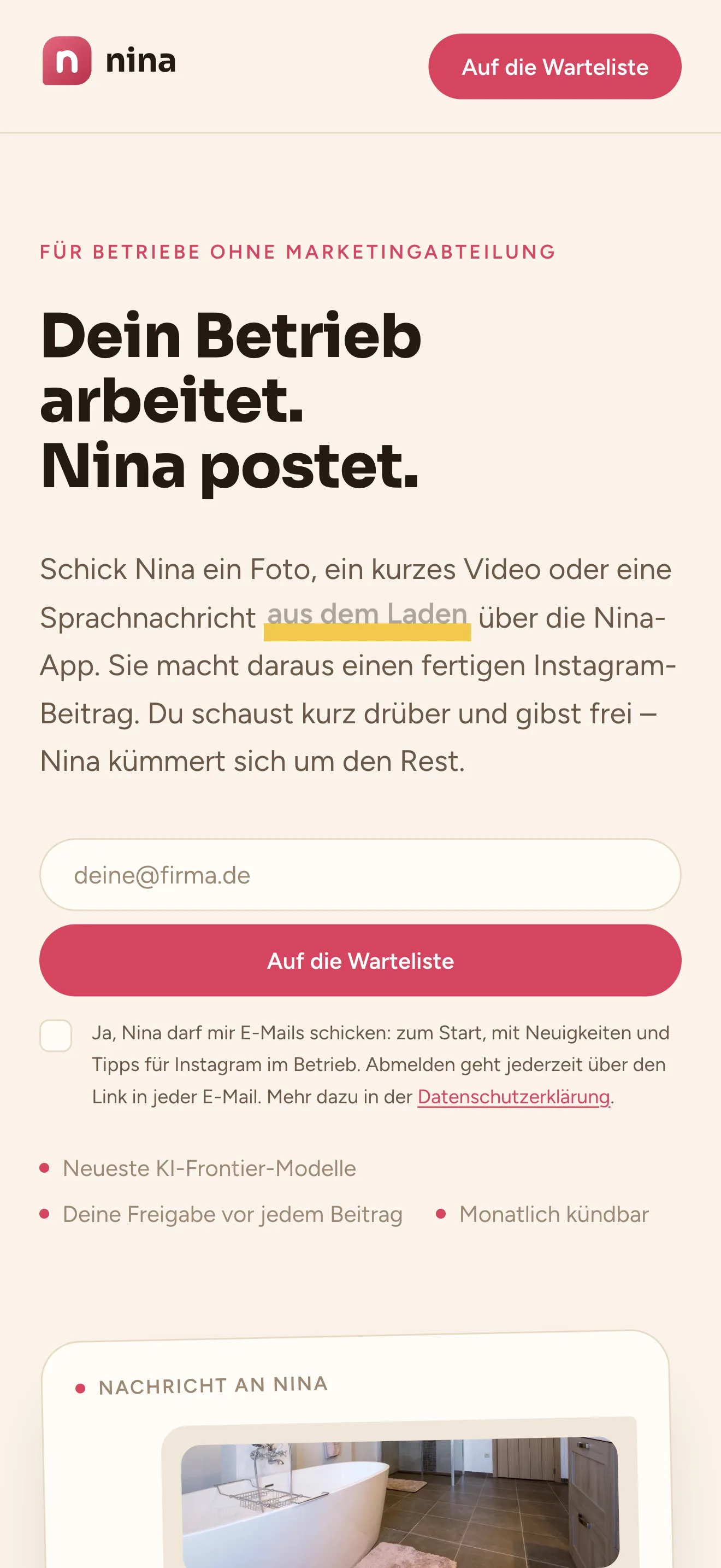 Startseite von getnina.de auf dem Smartphone